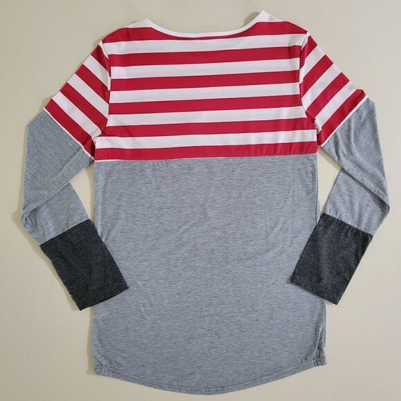 Lucky Red White Stripe Colorblock Long Sleeve Blouse Top - Picture 13 of 13